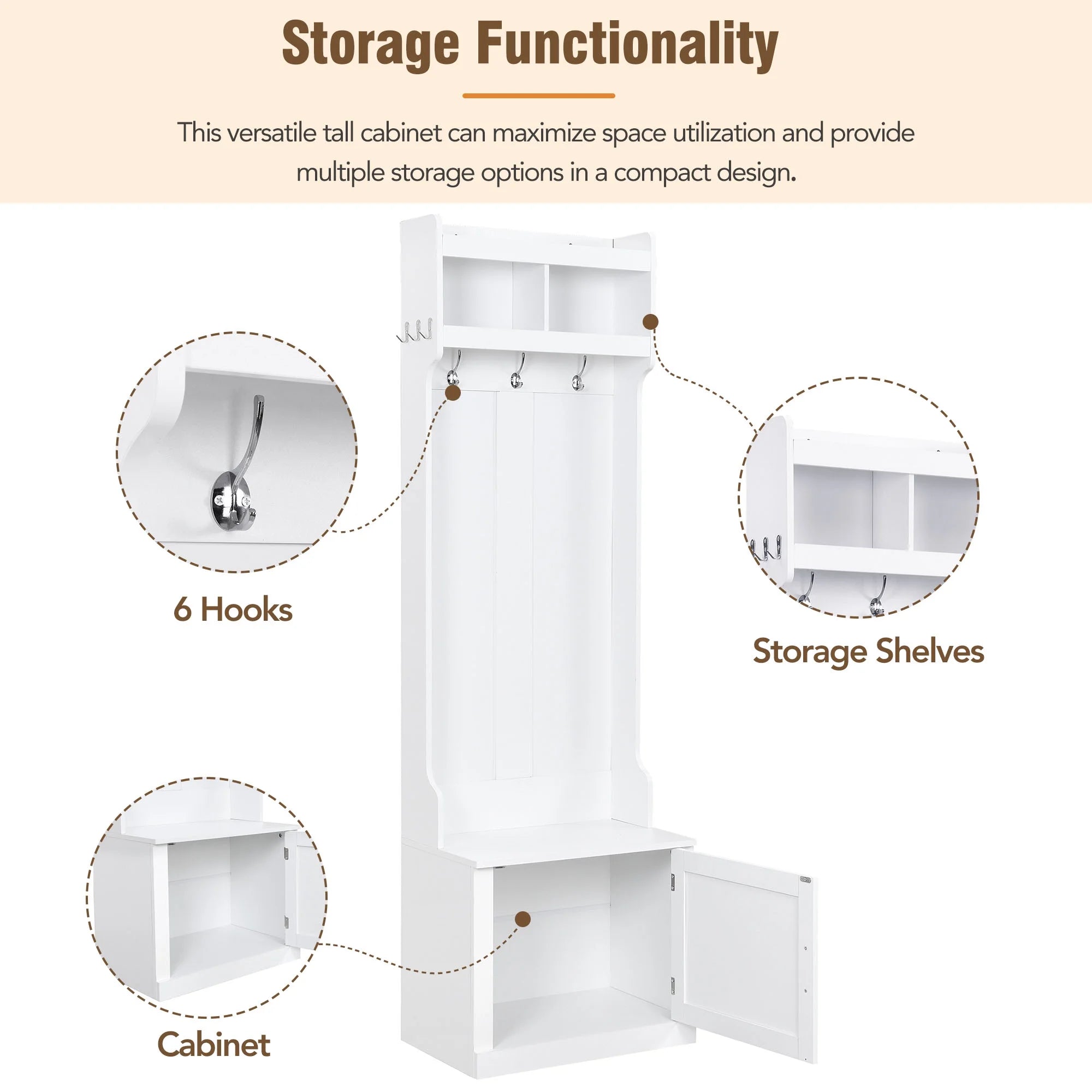 CoSoTower Minimalist Hall Tree with Cabinet & 6 Hanging Hooks, White N614324