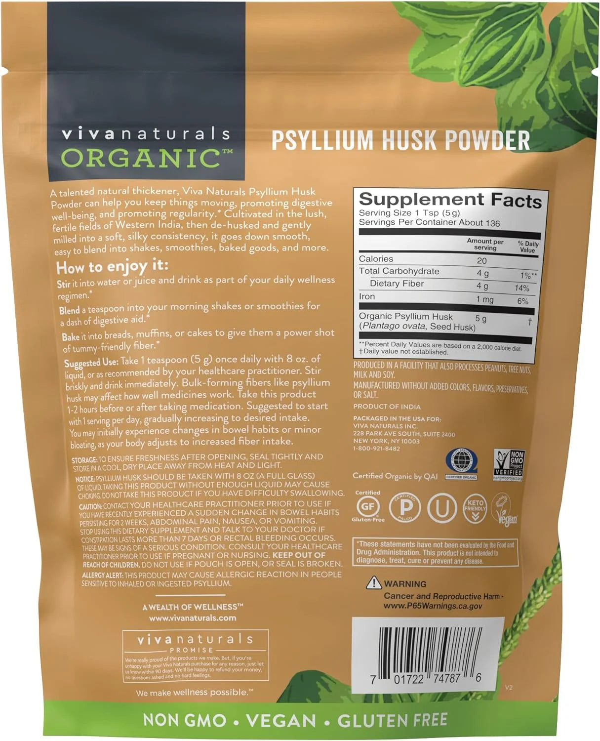 Viva Naturals Organic Psyllium Husk Powder, Finely Ground Non-GMO Fiber Supplement P6901