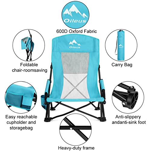 Oileus Folding Portable Beach Chair, High Back Low Seat, Full Mesh, Cup Holder, 2 Pcs F5653