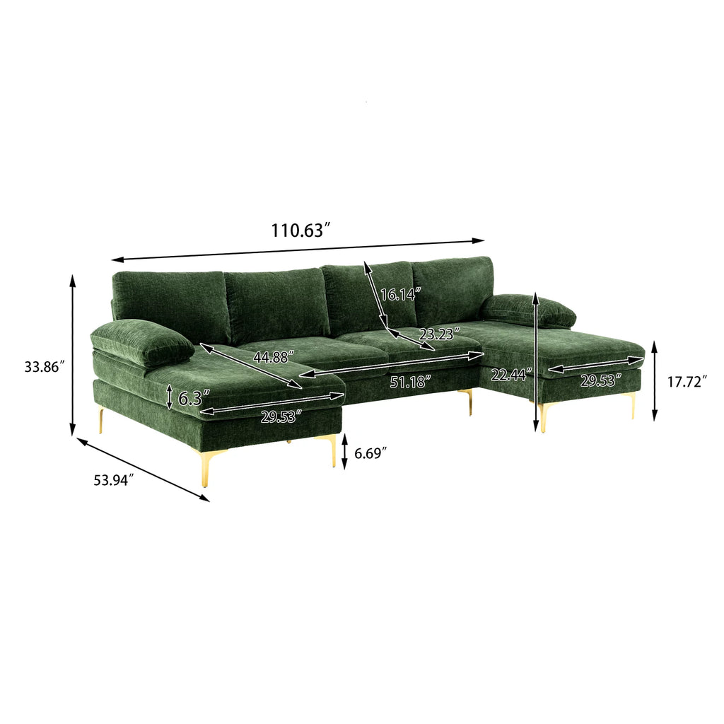 Luccalily U-Shaped Sectional Sofa with Golden Metal Legs, Velvet G28249