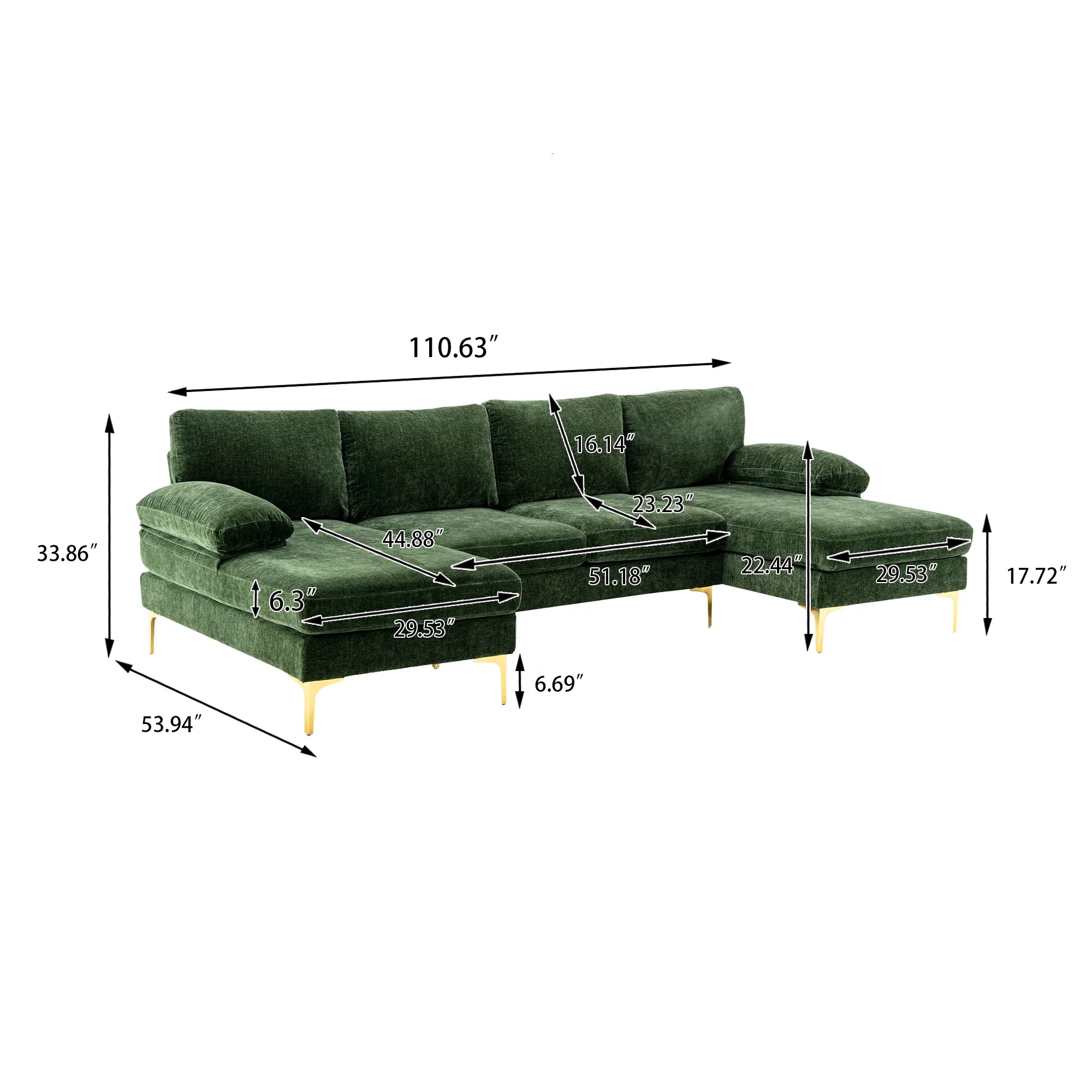 Luccalily U-Shaped Sectional Sofa with Golden Metal Legs, Velvet G28249