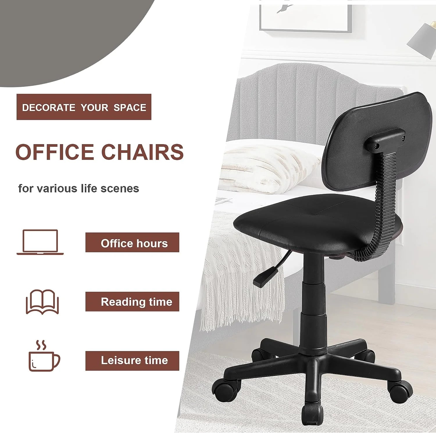 VECELO Armless Office Chair, Low-Back Adjustable Height, Black U485