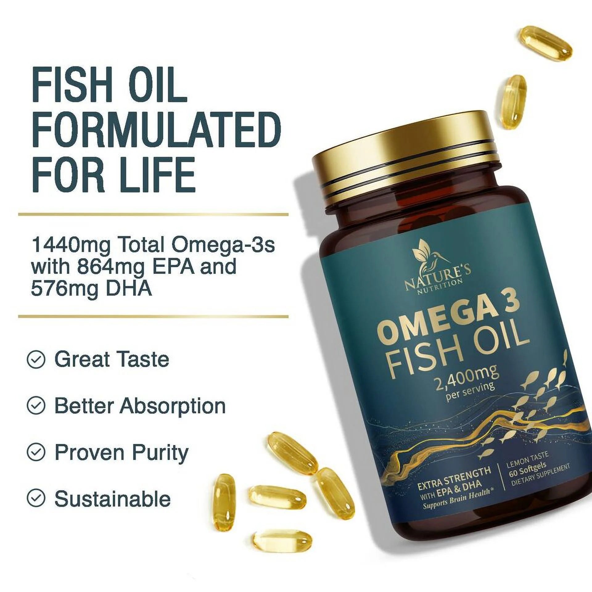 Omega 3 Fish Oil Capsules 3x Strength 2400mg EPA & DHA, 60 Softgels K74998