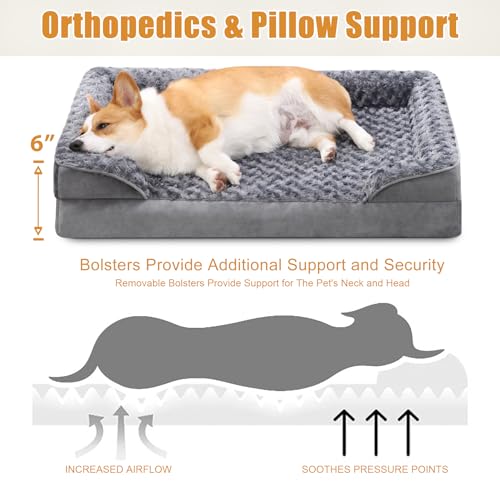 KSIIA Orthopedic Dog Bed Medium Size Waterproof Washable with Removable Bolster, Grey V58738