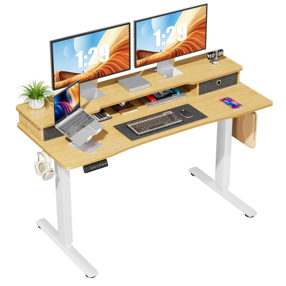 Home Office Height Adjustable Electric Standing Desk with Storage Shelf Double Drawer