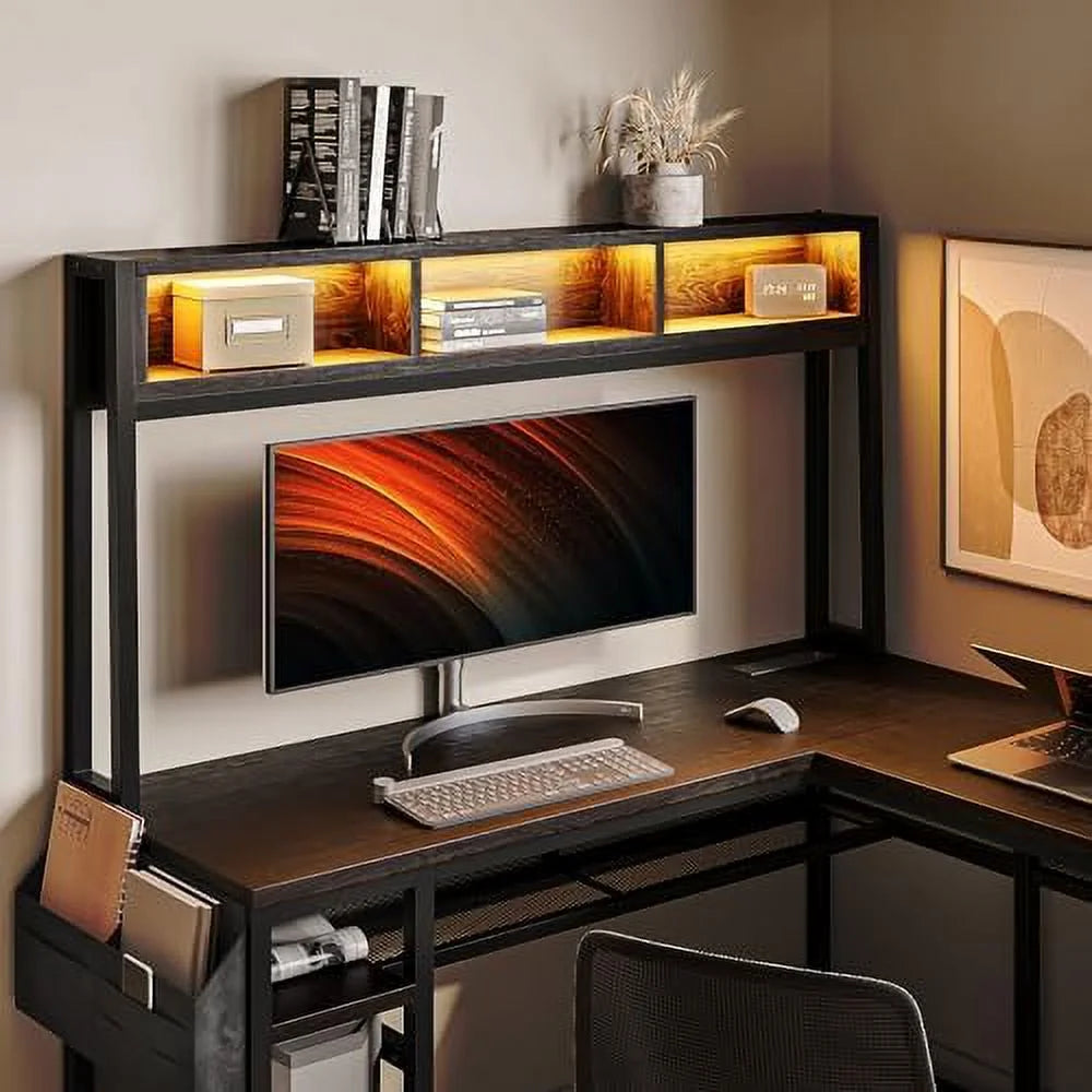 RUNFAYBIU Computer Desk with Monitor Stand and File Cabinet, 104" L-Shaped Gaming Desk with RGB LED Lights Z191630