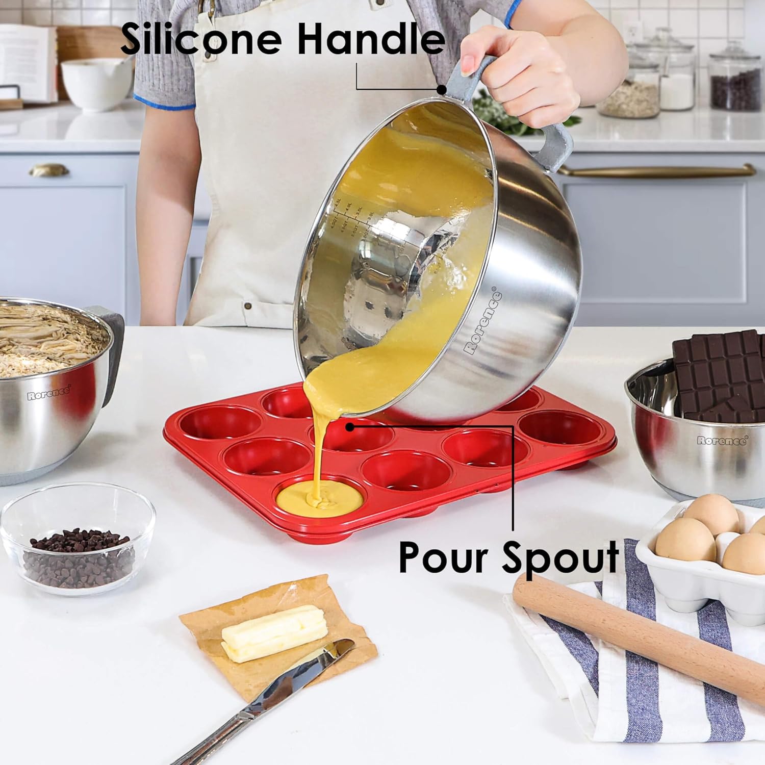 Rorence Mixing Bowls Set of 3 Stainless Steel with Pour Spout and Lid X2154