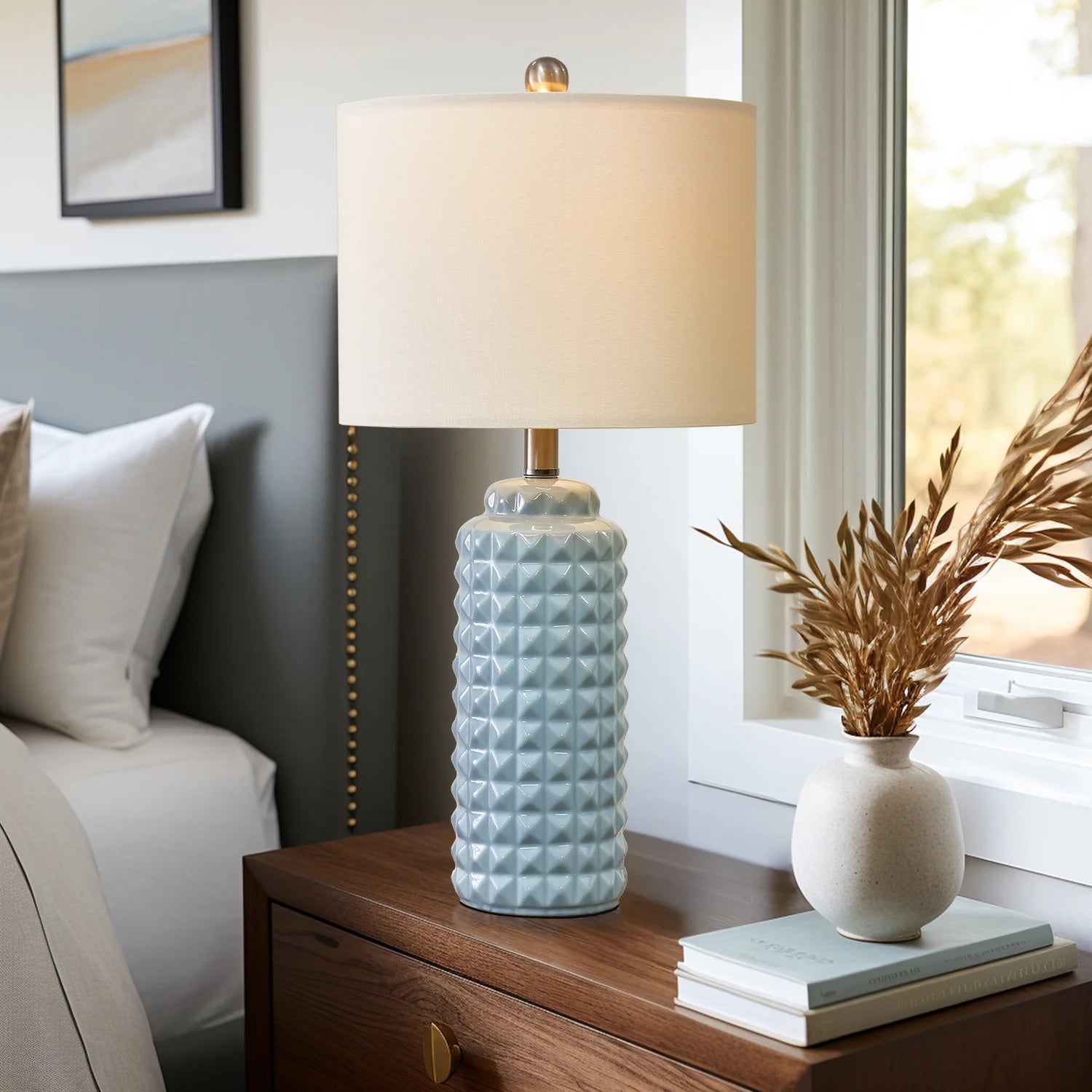 Oneach Ceramic Table Lamp Set of 2 Light Blue 24.5" for Living Room Bedroom K1744