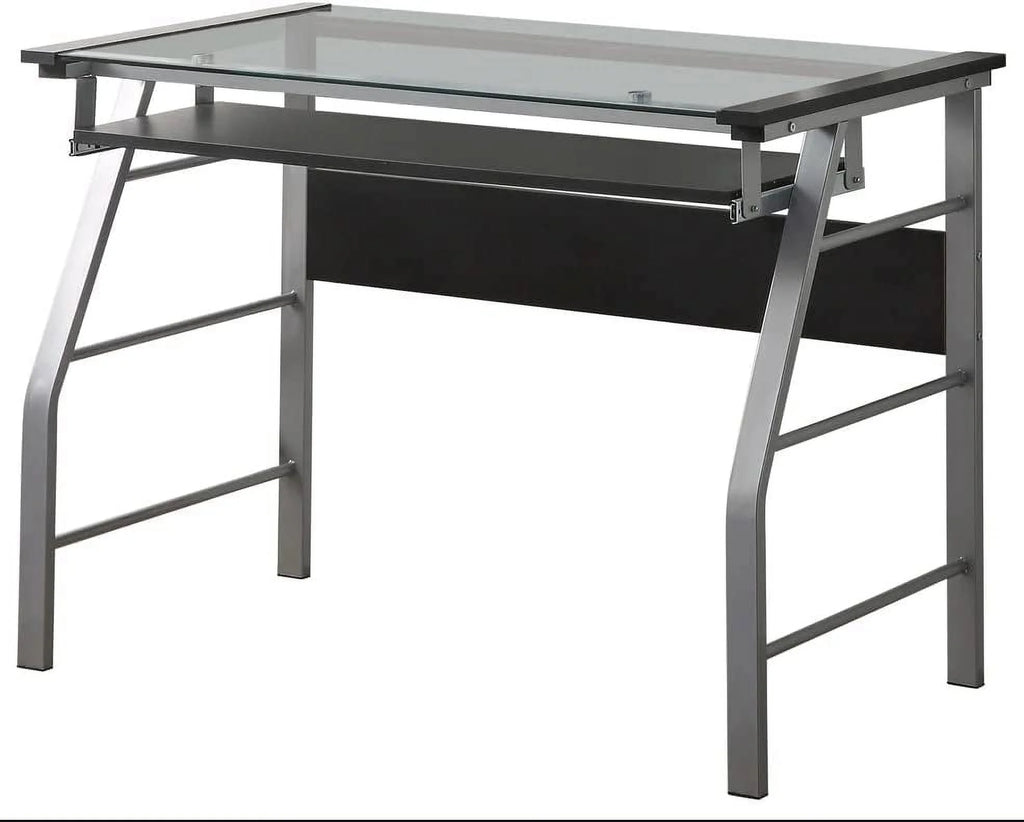 RUNFAYBIU King's Brand Metal and Glass Top Computer Desk, Silver Finish E403984