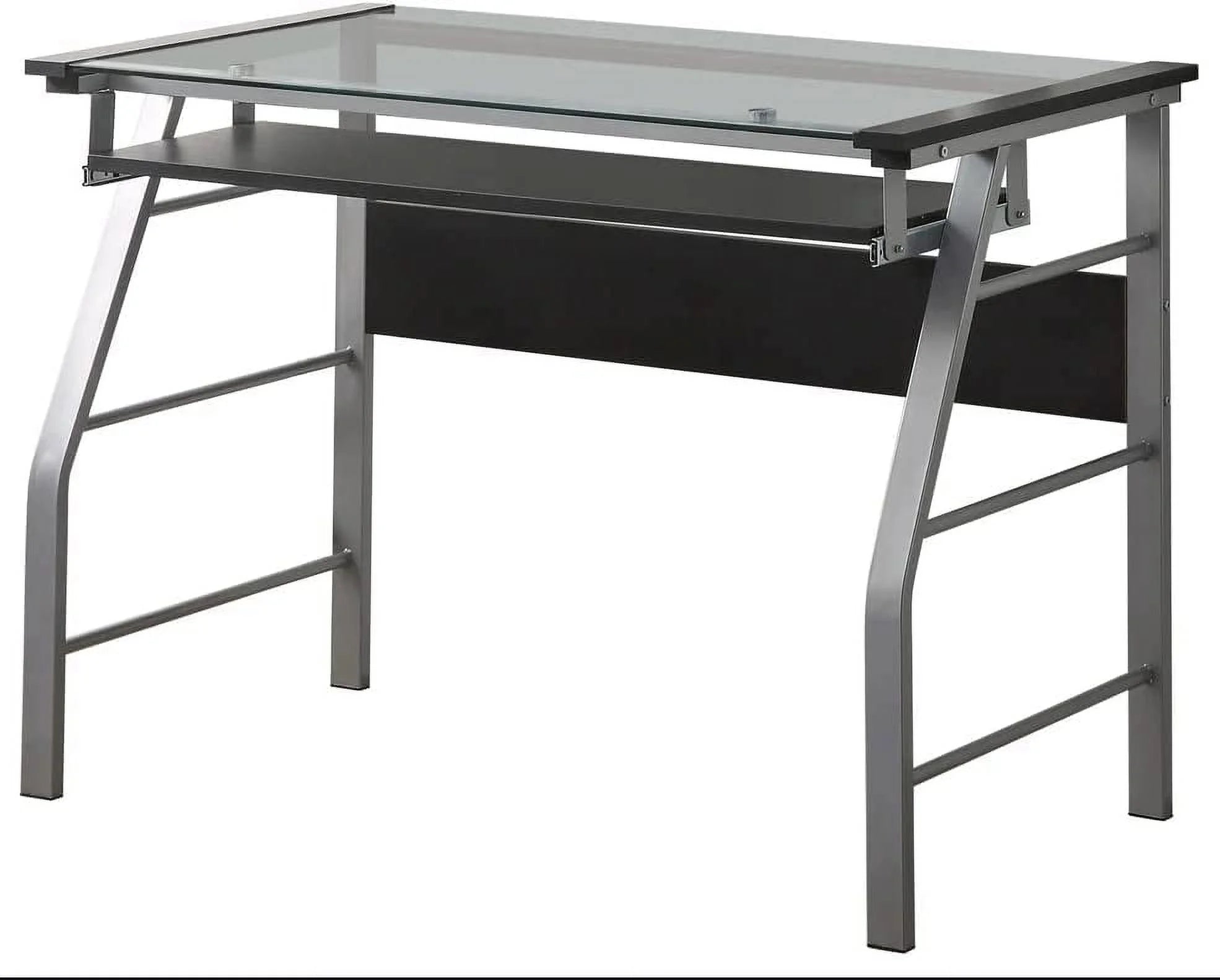 RUNFAYBIU King's Brand Metal and Glass Top Computer Desk, Silver Finish E403984