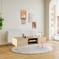 KUUFER 55" Rattan TV Stand, Solid Wood TV Cabinet for 55inch TV, TV Console with 2 Sliding Doors and Adjustable Shelf for Living Room, Natural Color