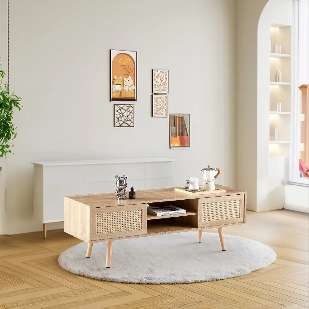 KUUFER 55" Rattan TV Stand, Solid Wood TV Cabinet for 55inch TV, TV Console with 2 Sliding Doors and Adjustable Shelf for Living Room, Natural Color