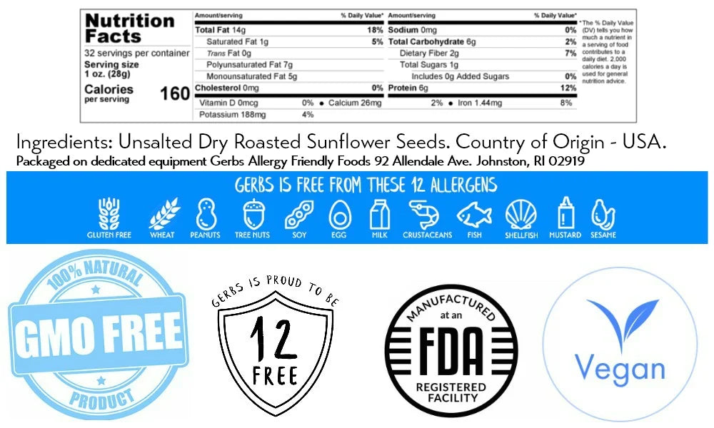 Roasted Sunflower Seed Kernels by Gerbs, Unsalted, 2 LBS, Non GMO B415