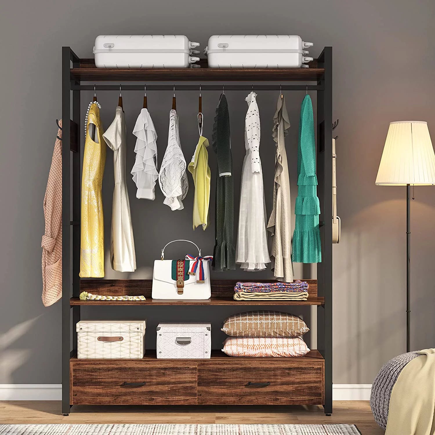 Tribesigns Heavy Duty Clothes Rack with Shelves and 2 Drawers, Rustic Brown V99073