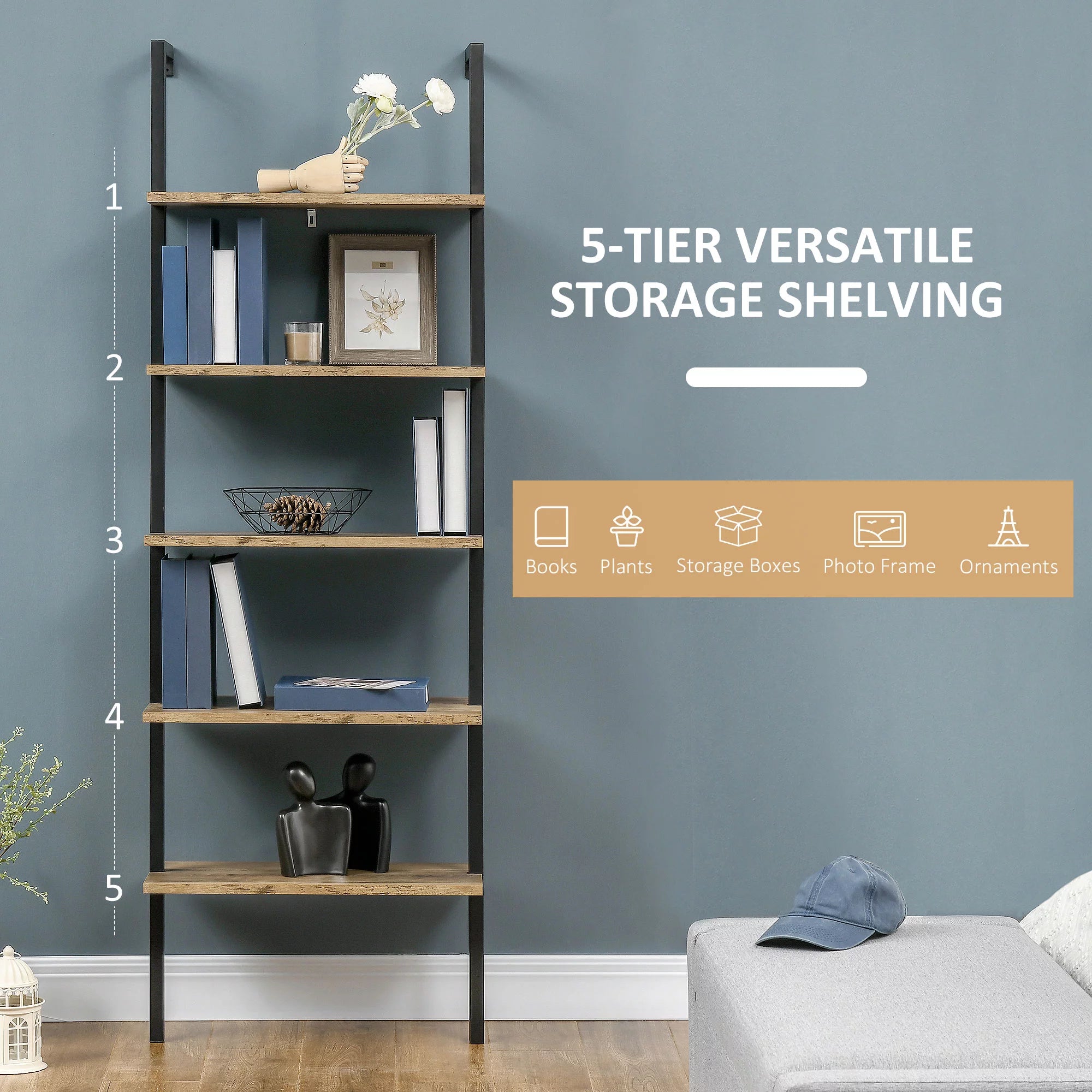 HOMCOM Industrial 5 Tier Wall Mount Ladder Shelf Bookcase, Brown W178352