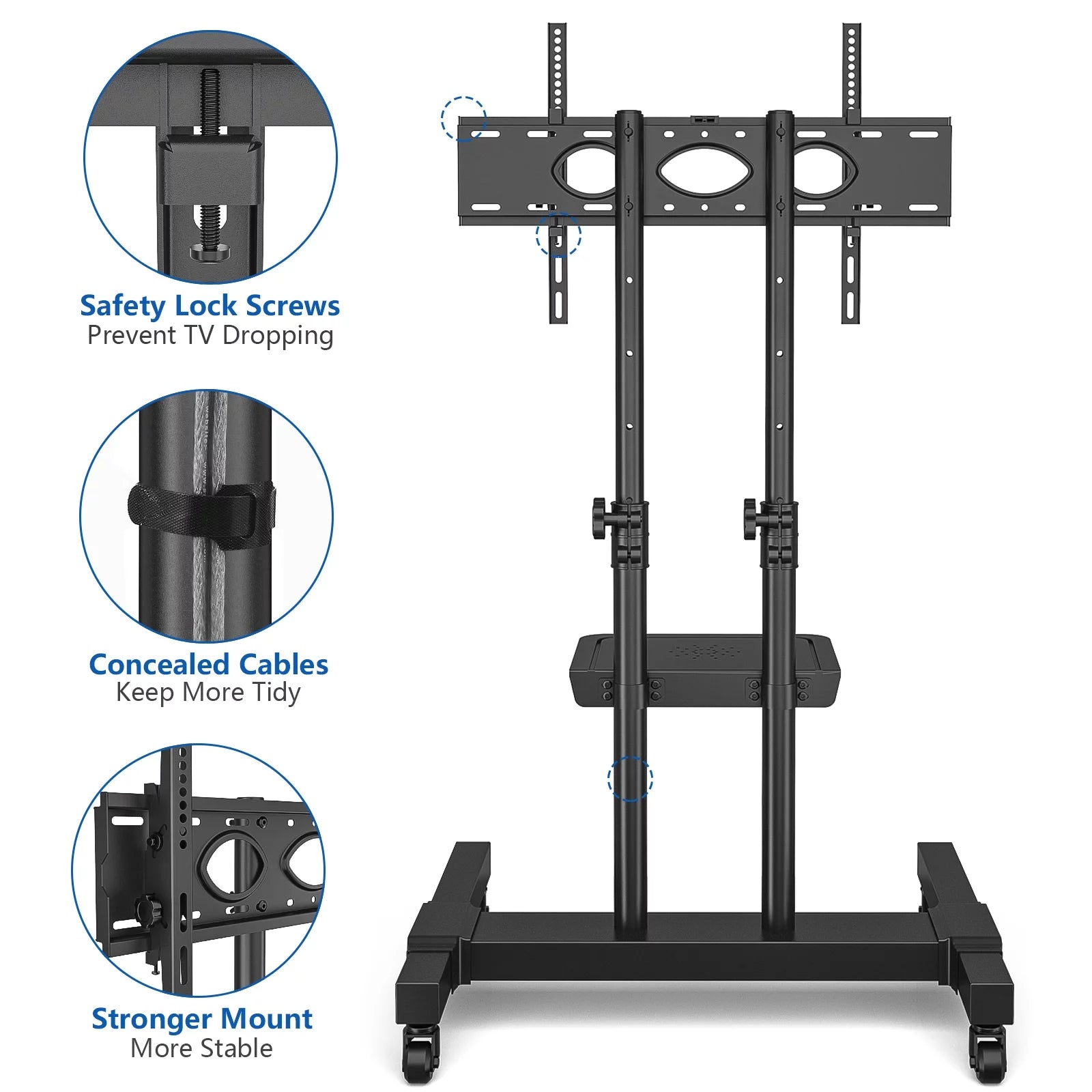 Mobile TV Cart for 75 inch TVs, Heavy Duty Rolling Stand, Black G26844