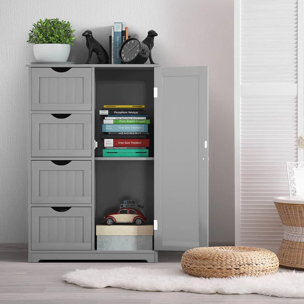 Freestanding Bathroom Storage Cabinet with 4 Drawers and Cupboard, Gray E602183