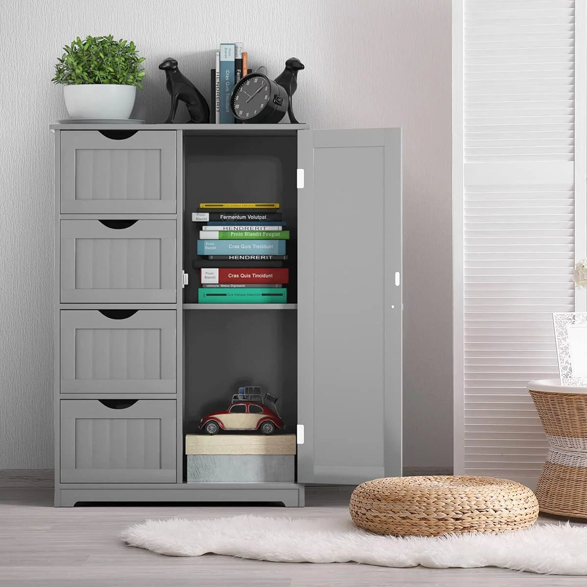 Freestanding Bathroom Storage Cabinet with 4 Drawers and Cupboard, Gray E602183