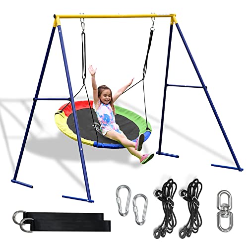 Swing Set,43inch Saucer Tree Swing with A Frame Swing Stand Heavy Duty,Durable Textilene Round Swing and Metal Frame,Anti-Rust and All Weather Resistant for Kids Outdoor Backyard (6clrbk)