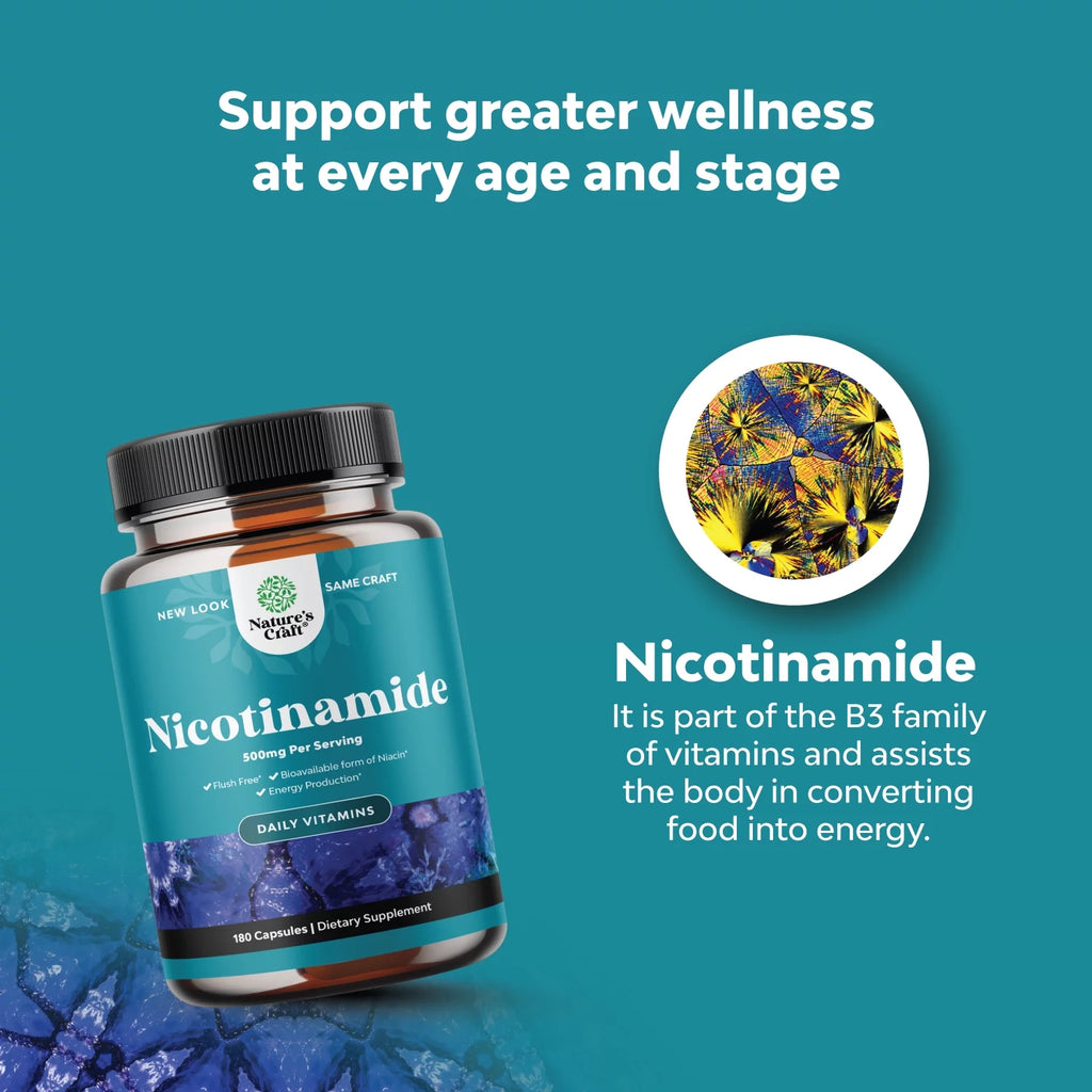 Niacinamide 500mg Capsules - Flush Free Vitamin B3 Supplement - 180 Count O3151