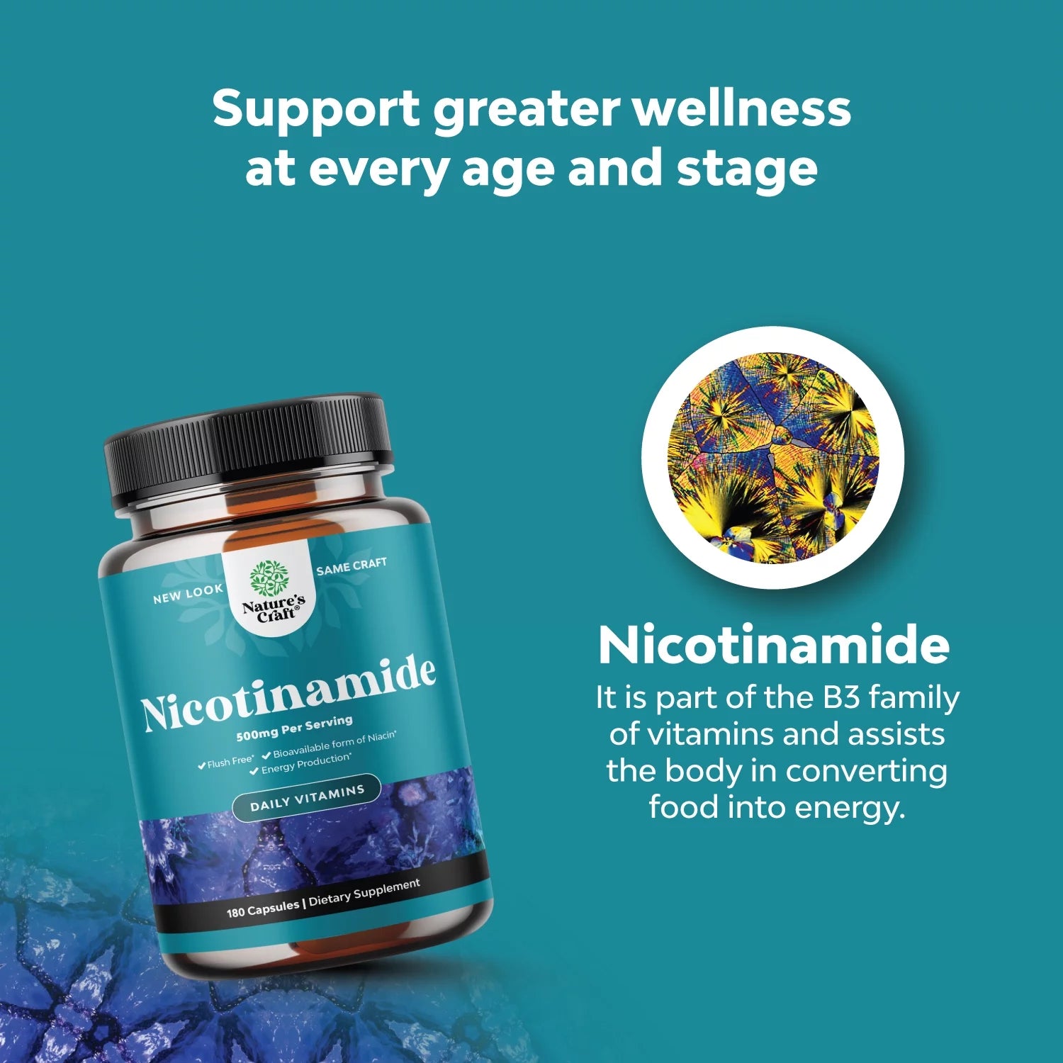 Niacinamide 500mg Capsules - Flush Free Vitamin B3 Supplement - 180 Count O3151