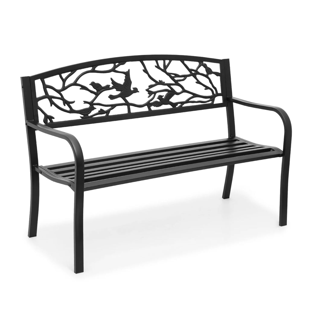 Magshion 50" Patio Garden Bench, Outdoor Cast Iron Bench with Bird Design Backrest, Slatted Seat, Park Bench Outdoor Furniture for Porch, Deck, Yard, Entryway, Path, Black