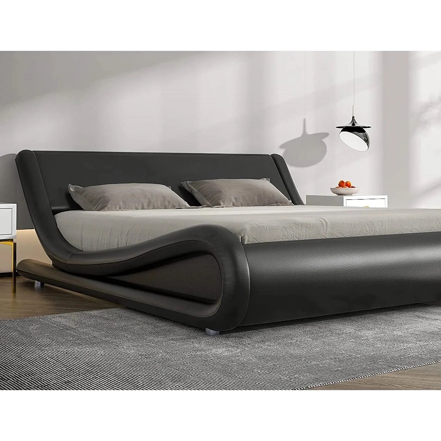 King Modern Black Faux Leather Platform Bed Frame with Headboard Y9192