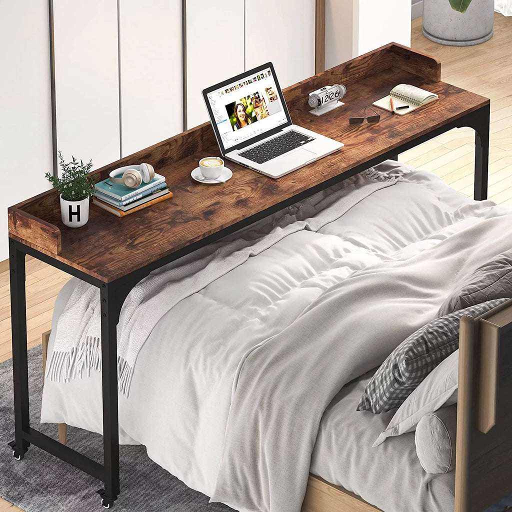 Tribesigns Brown Overbed Table with Wheels, Queen Size Mobile Desk Z8624