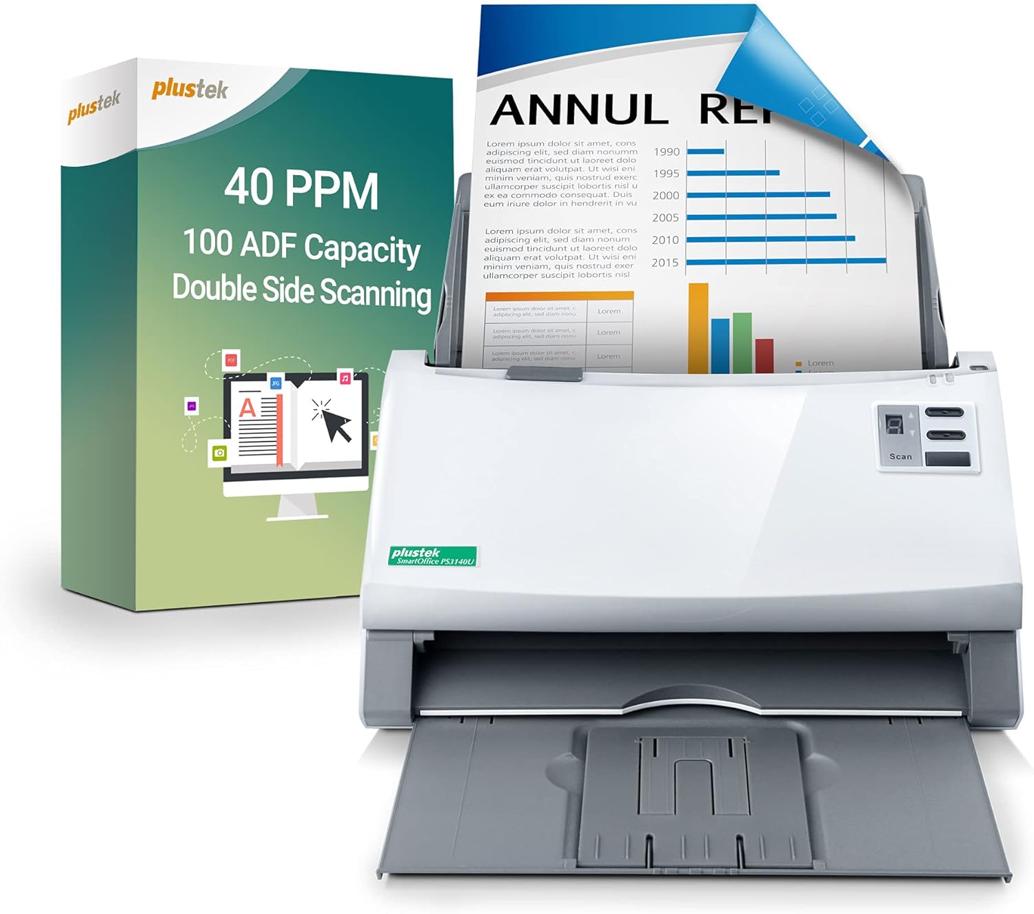 Plustek PS3140U Duplex Document Scanner, Citrix Ready & TWAIN Support for PC and Mac, Scan and Save Batch Documents