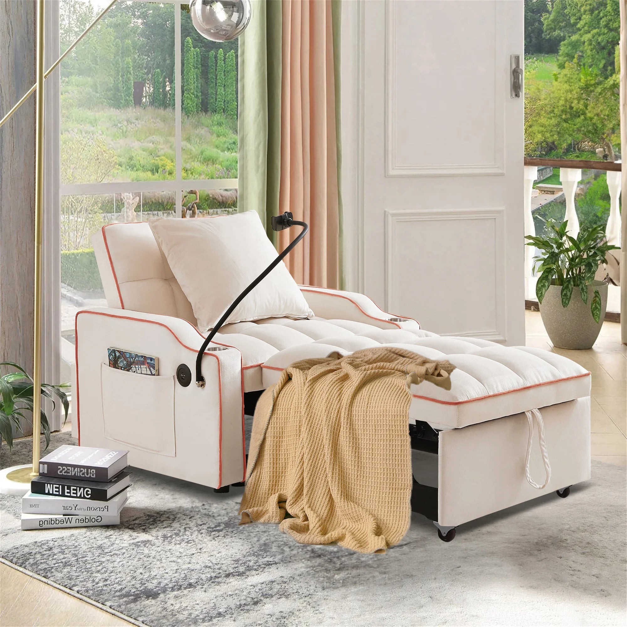 Aukfa Sleeper Chair Bed, Convertible Pull Out Sofa Bed with USB Port, Cup Holders and Swivel Phone Holder, Beige