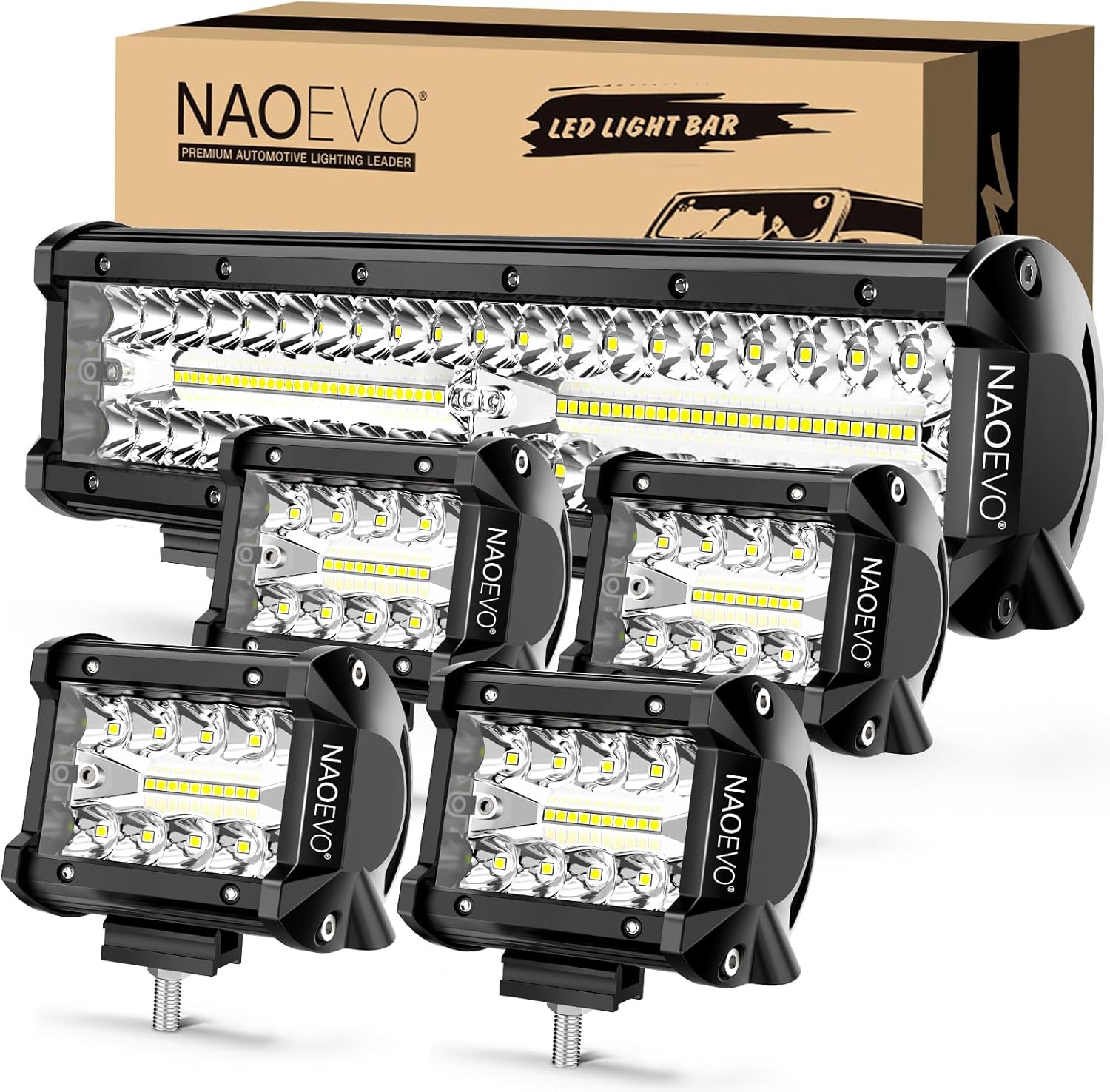 NAOEVO 12 Inch LED Light Bar and 4PCS 4 Inch LED Pod Lights, 54000LM LED Fog/Driving/Off Road Lights, Triple Row Spot Flood Combo LED Light Bar for Truck Car UTV ATV Jeep Boat, 1 Year Warranty