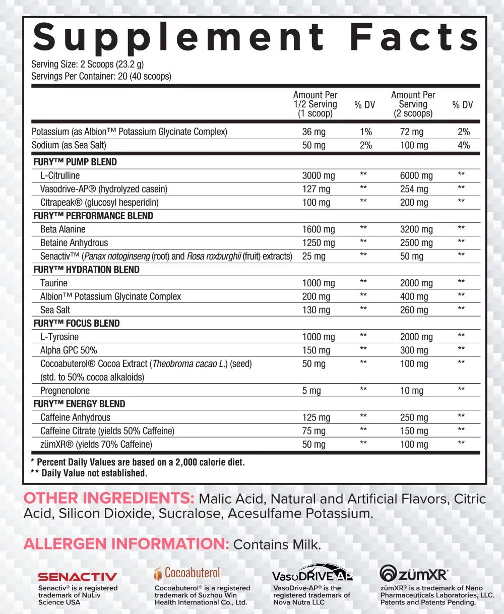 Core Nutritionals Fury V2 Platinum Pre Workout 20 Servings Sour Watermelon Strawberry L914