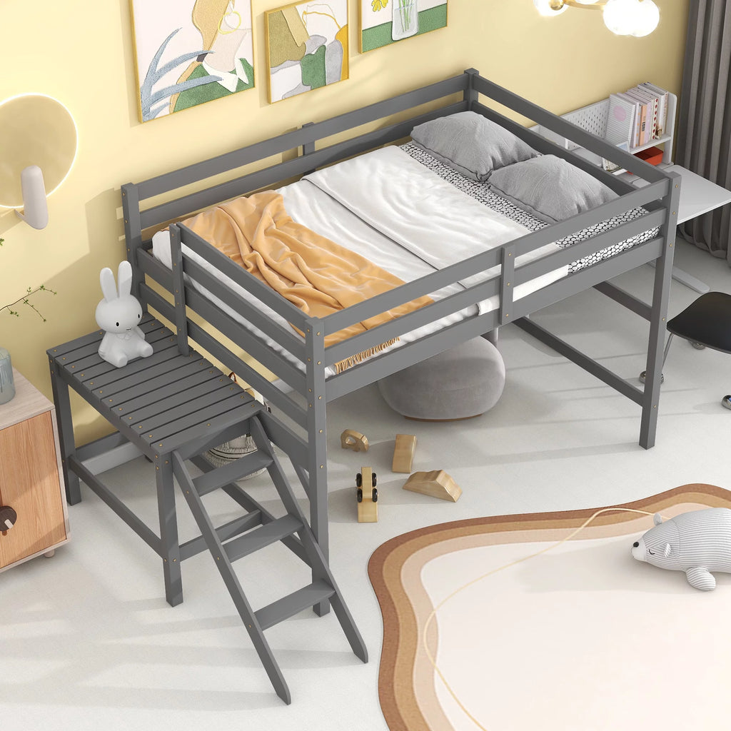 Bellemave Full Wood Loft Bed with Full-length Safety Rail and Ladder, Space-Saving Bedroom Low Loft Bed for Kids (Gray)