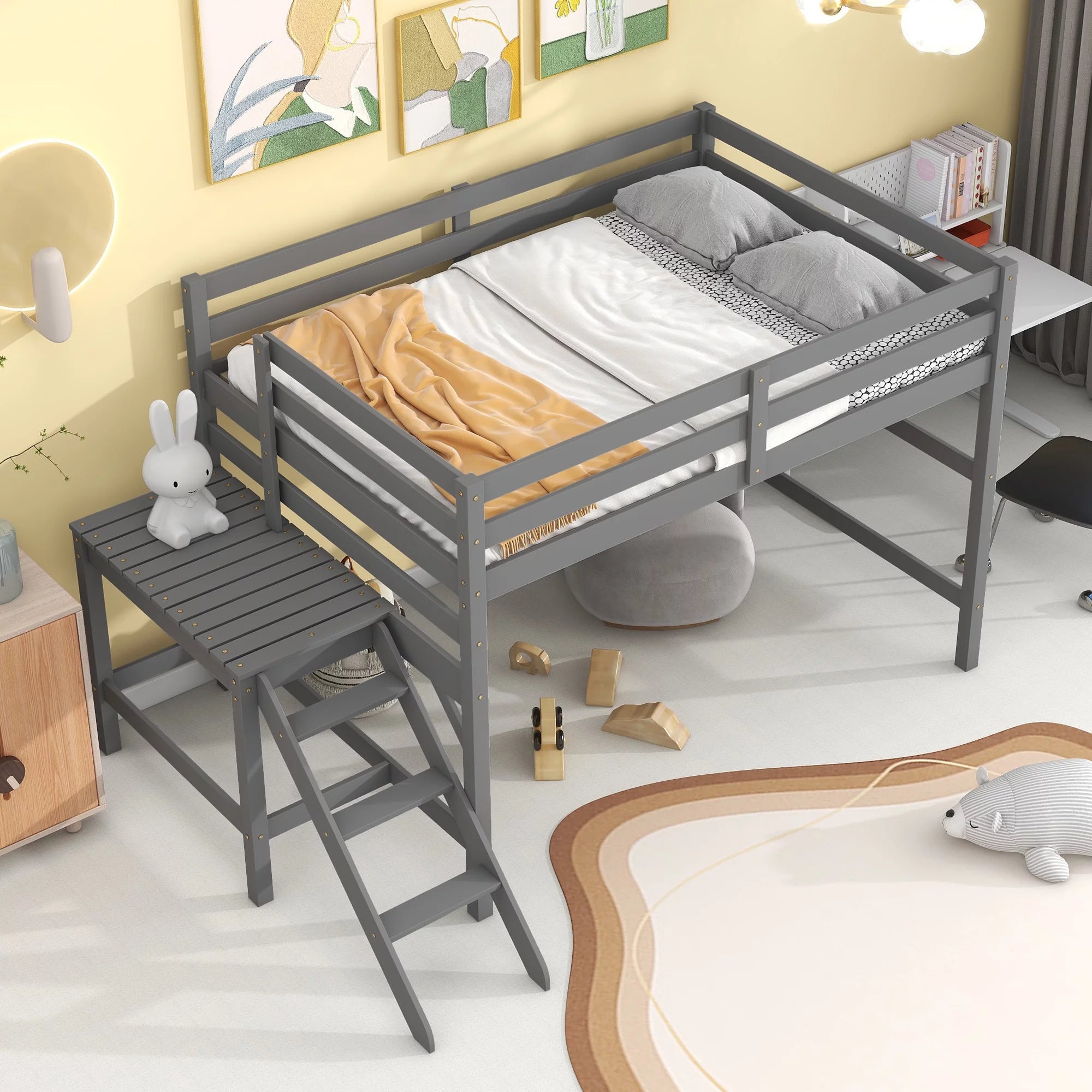 Bellemave Full Wood Loft Bed with Full-length Safety Rail and Ladder, Space-Saving Bedroom Low Loft Bed for Kids (Gray)