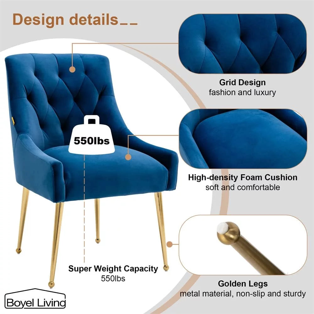 Boyel Living Velvet Upholstered Dining Chair Set of 2 with Gold Legs, Navy Blue F365