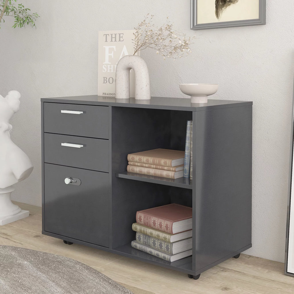 Wood File Cabinet with Coded Lock, Mobile Lateral Printer Stand U113465