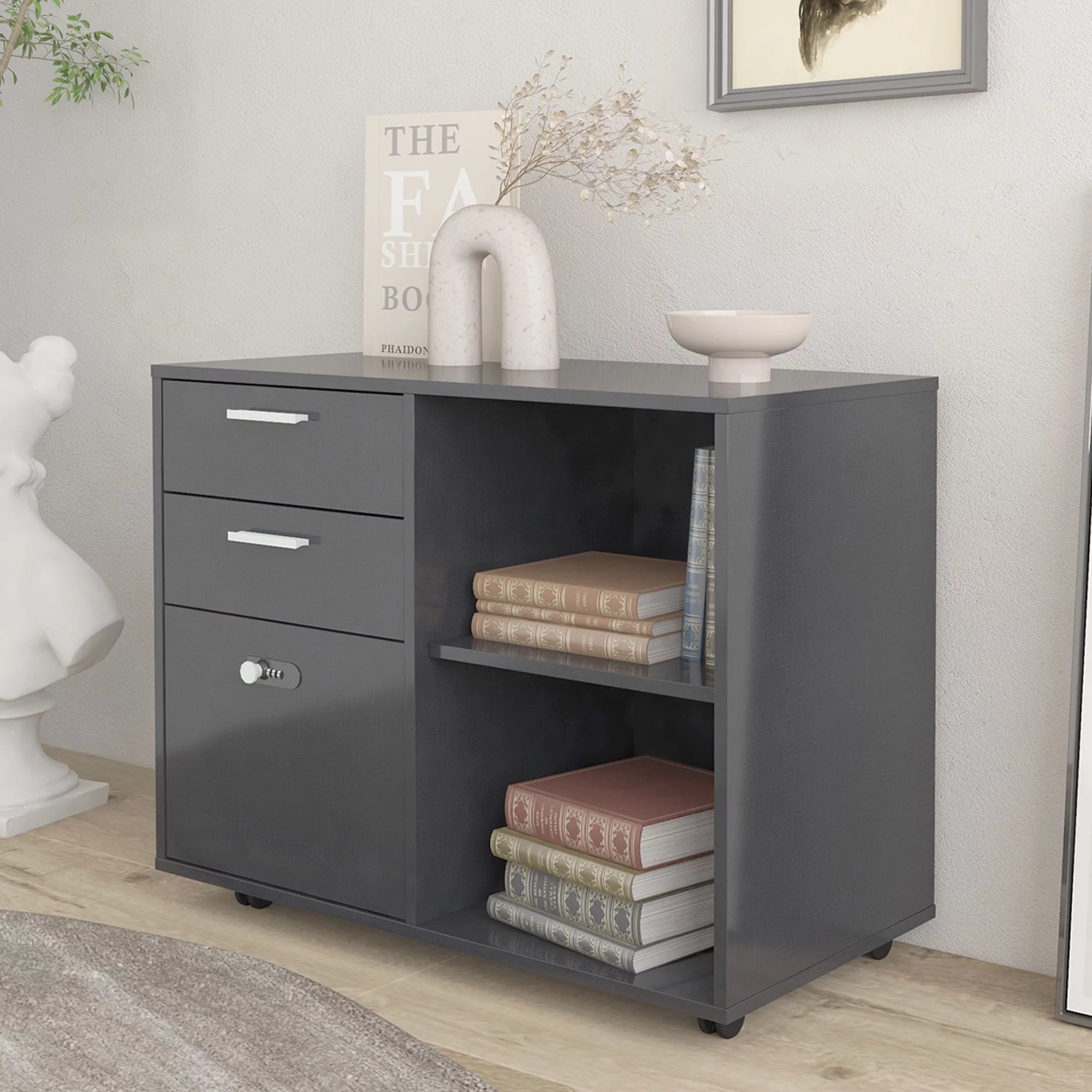 Wood File Cabinet with Coded Lock, Mobile Lateral Printer Stand U113465
