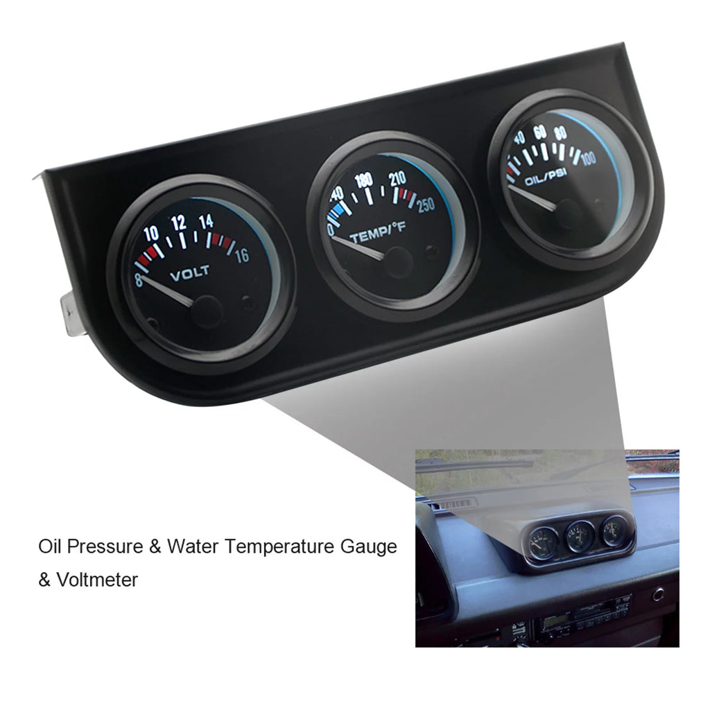 Triple Gauge Kit 3-in-1 Car Meter Voltage Water Temp Oil Pressure 52mm X776492