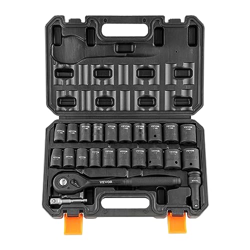 VEVOR 1/2" Drive Impact Socket Set, 23 Piece Socket Set SAE 7/16" -1" and Metric 13-24mm, 6 Point Cr-V Alloy Steel for Auto Repair, Easy-to-Read Size Markings, Rugged Construction, Storage Case