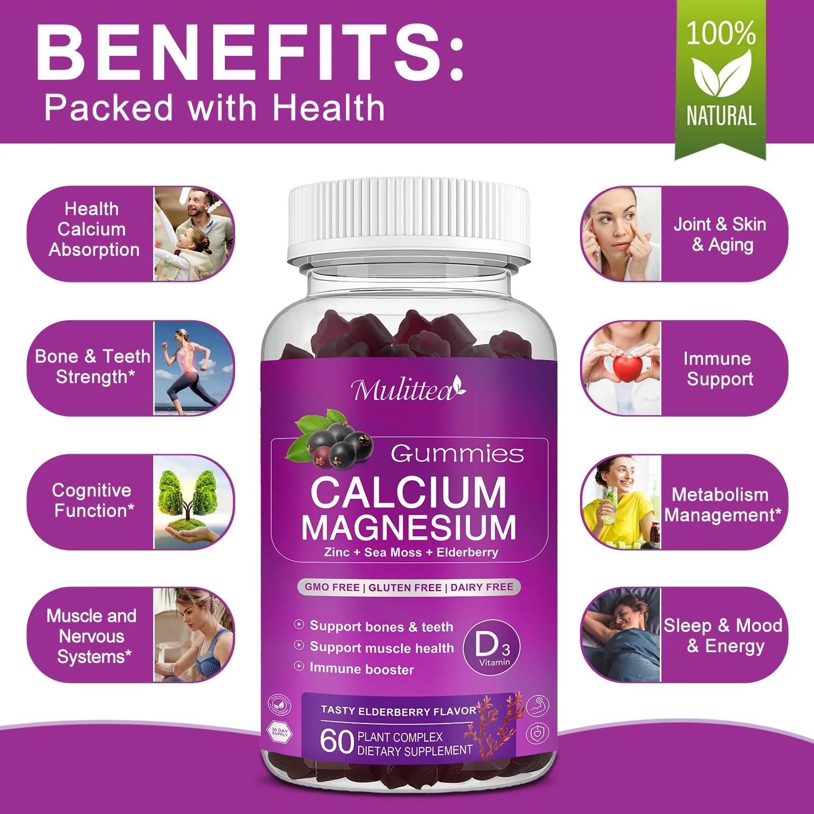 Calcium Magnesium Zinc Gummies with D3 & Sea Moss, 2 Pack A67914