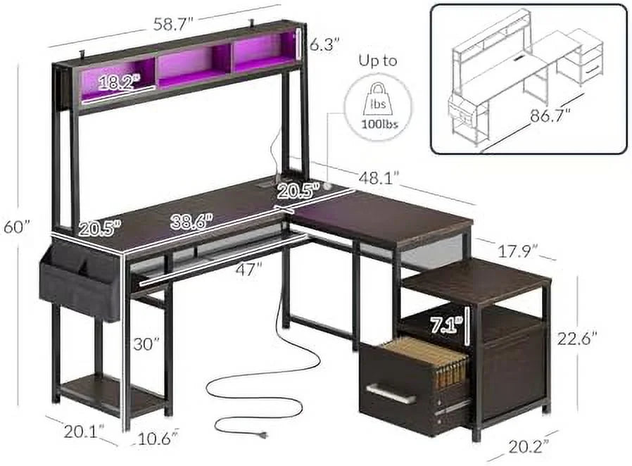 RUNFAYBIU Computer Desk with Monitor Stand and File Cabinet, 104" L-Shaped Gaming Desk with RGB LED Lights Z191630