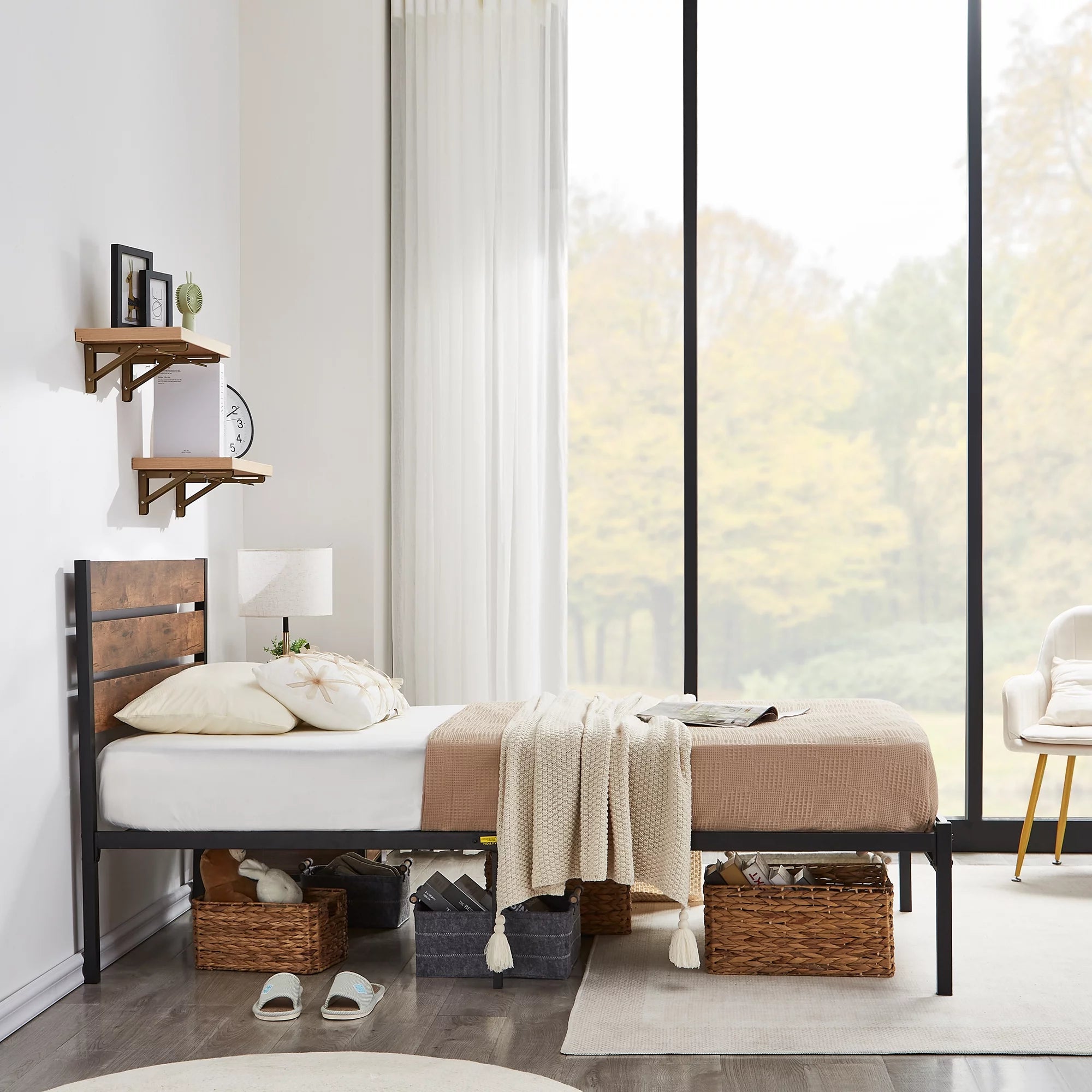 VECELO Twin Bed Frame with Wooden Headboard, Metal Slats, Brown L2211
