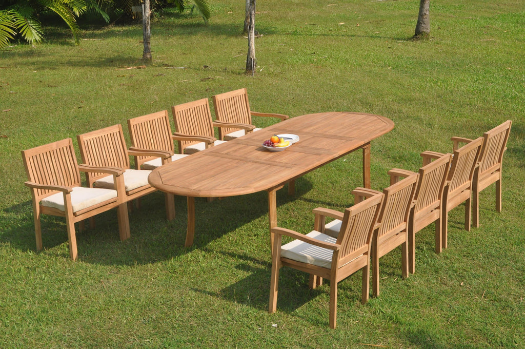Grade-A Teak 10 Seater Outdoor Dining Set with Oval Extension Table and 10 Stacking Arm Chairs Q3308
