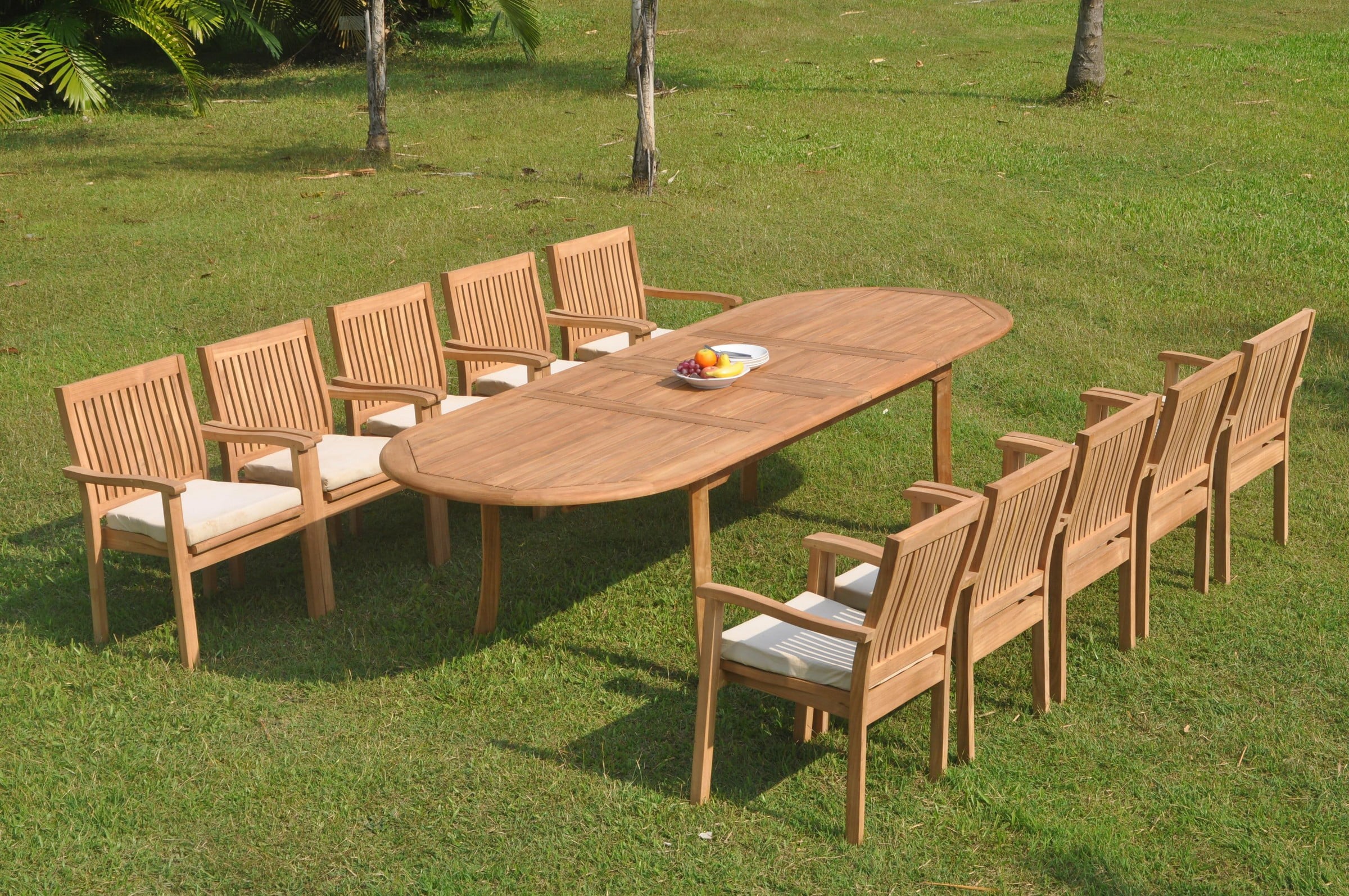 Grade-A Teak 10 Seater Outdoor Dining Set with Oval Extension Table and 10 Stacking Arm Chairs Q3308