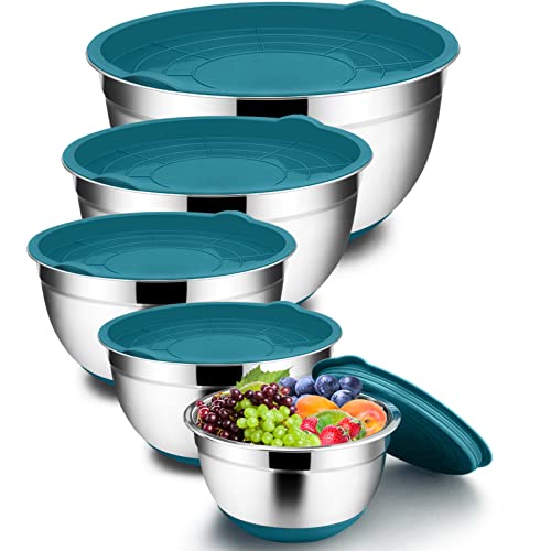 TeamFar Mixing Bowls with Lids Set, 7/3.5/2.5/1.5/1 QT, Stainless Steel Large Metal Salad Nesting Bowl, Non-Slip Silicone Bottom & Airtight Lid, Healthy & Deep - Set of 5(Black)