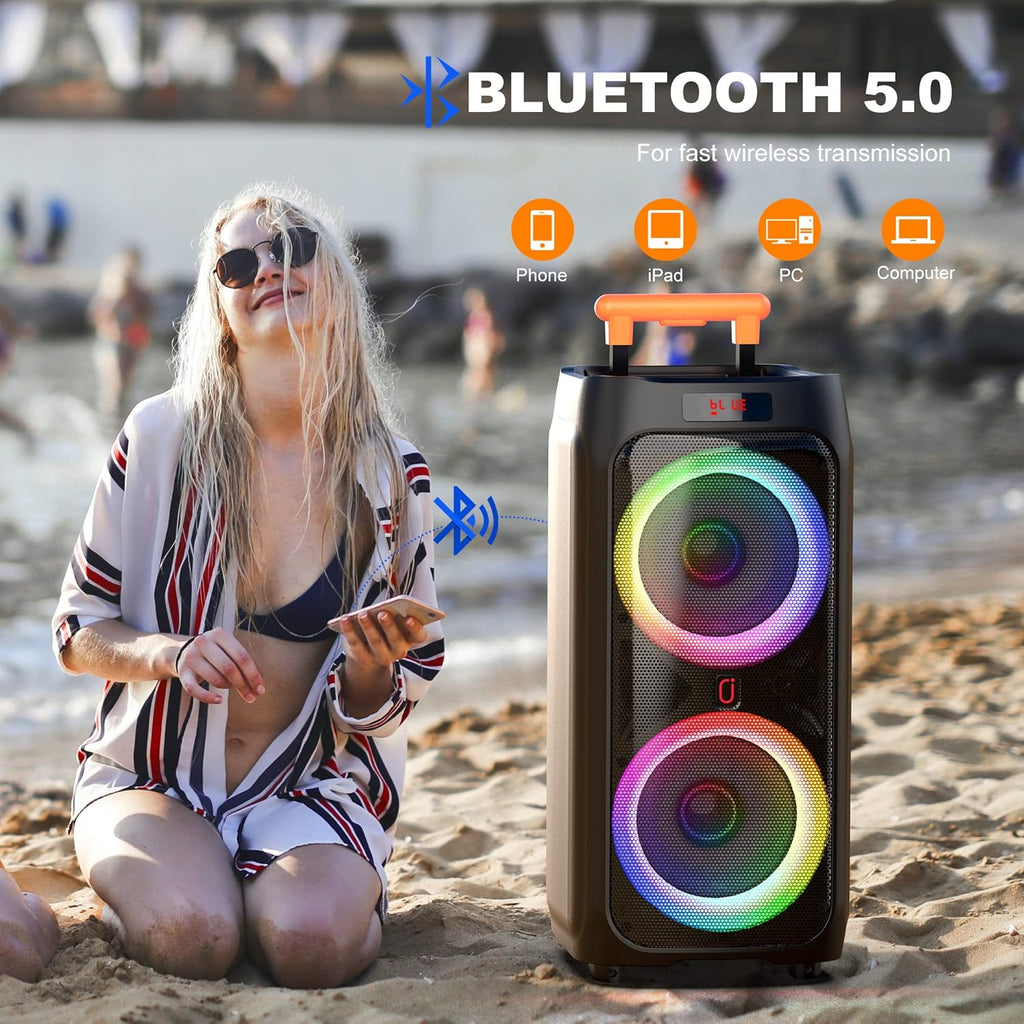 JYX Karaoke Machine with 2 Wireless Microphones, 8" Bluetooth Party Speaker, PA System with DJ Light R73398