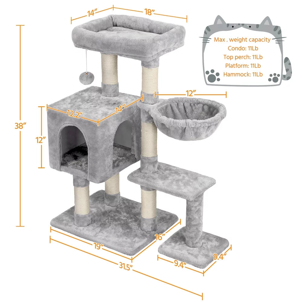 Topeakmart 38" Cat Tree with Condo Perch Basket Scratchers, Light Gray I7770