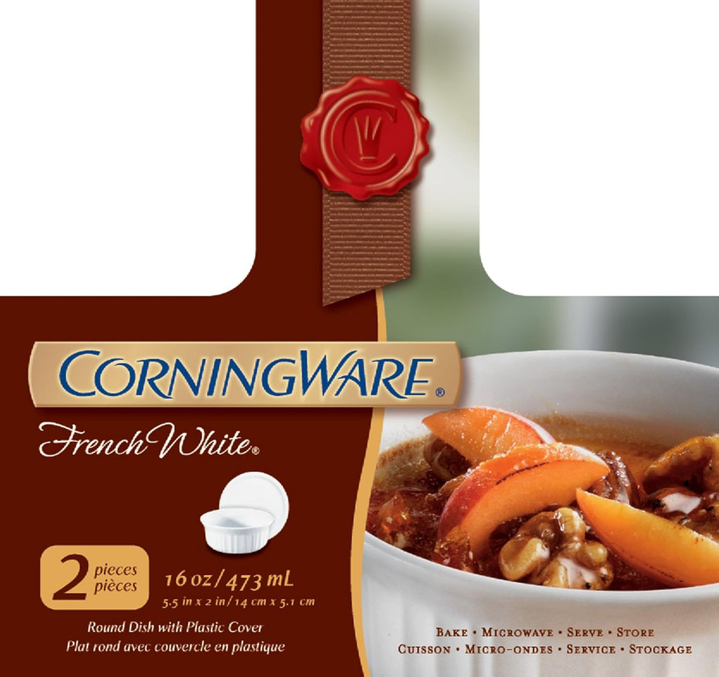 CorningWare French White Pop-Ins 16-Ounce Round Dish with Plastic Cover, 2-Pack N1853