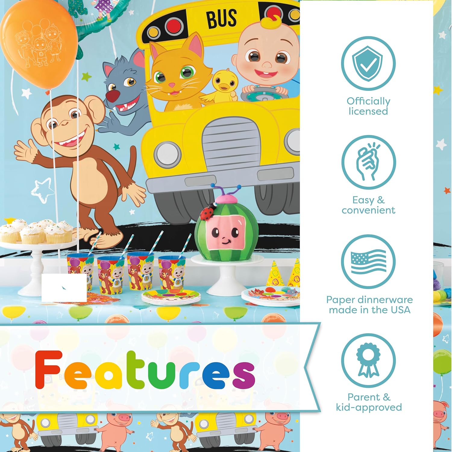 CoComelon Birthday Party Supplies Backdrop Balloons Tablecloth Plates Napkins Forks Sticker M58483