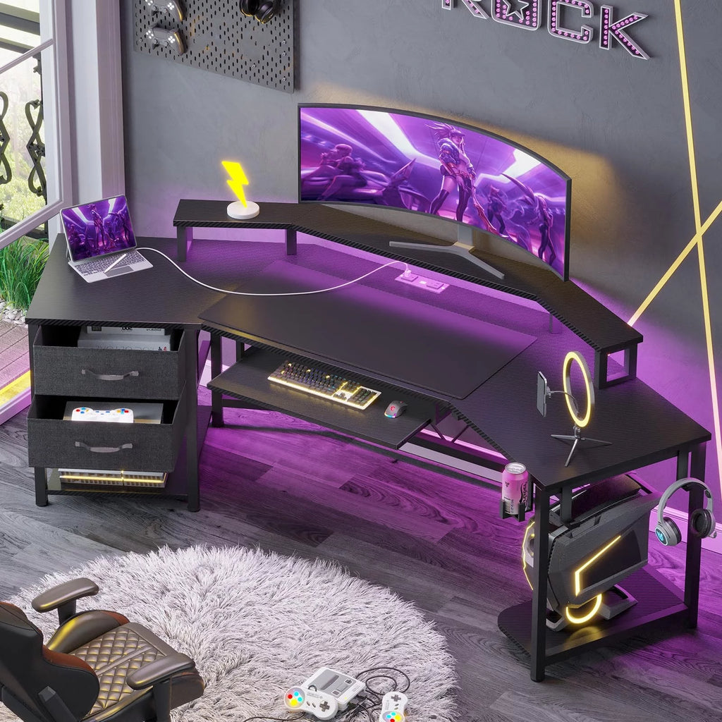 79" Gaming Desk with LED Lights&Power Strip&2 Fabric Drawers, Modern L Shaped Computer Desk for Home Office with Storage Shelf&Keyboard Tray, Black